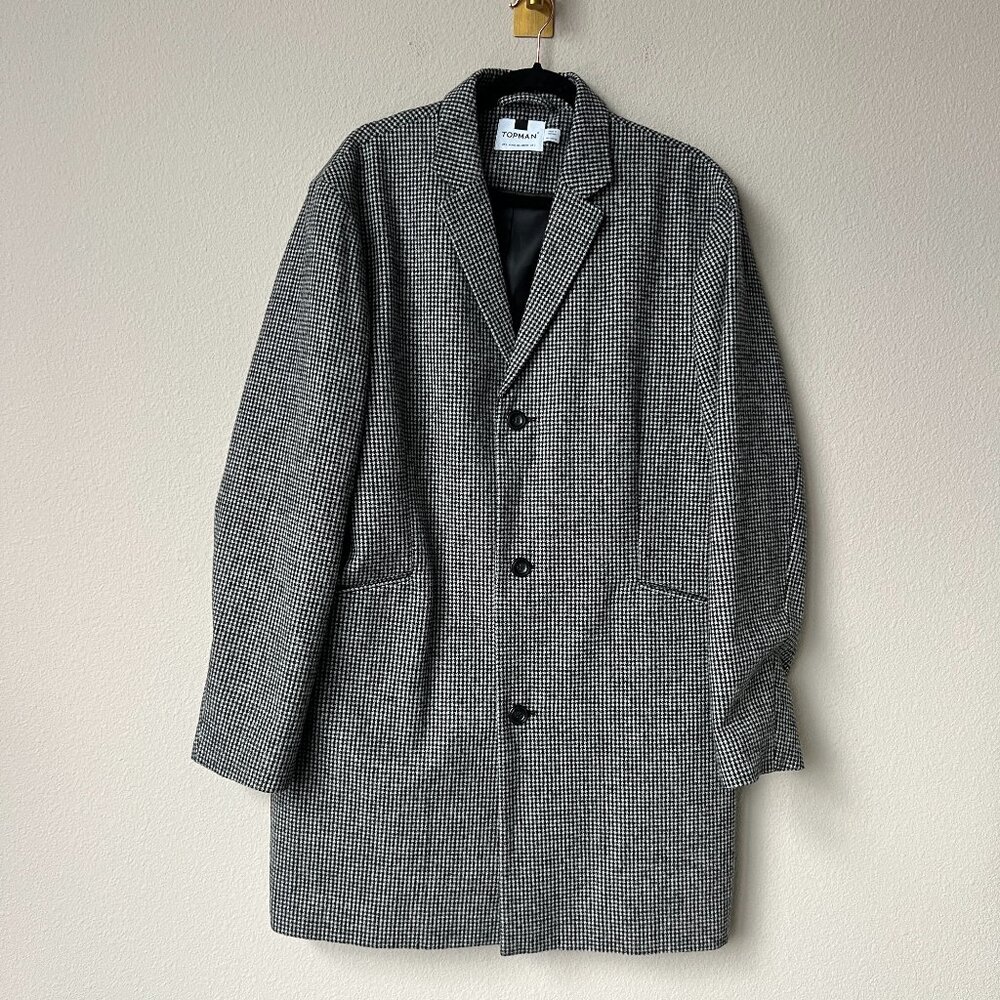 Topman Glen Houndstooth Wool Blend Peacoat Size L